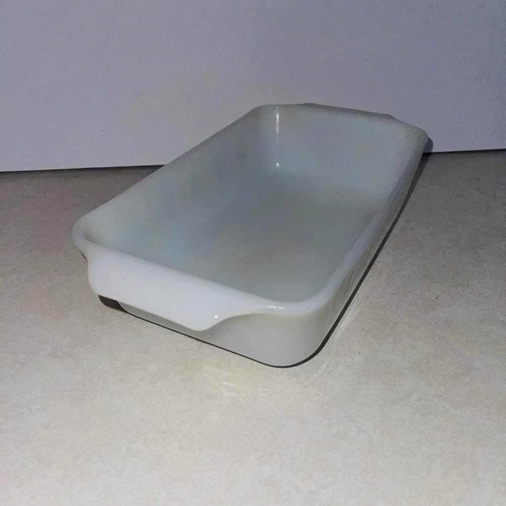 Fire-King Atomic Starburst Milk Glass Loaf Pan White Blue Gold Vintage MCM